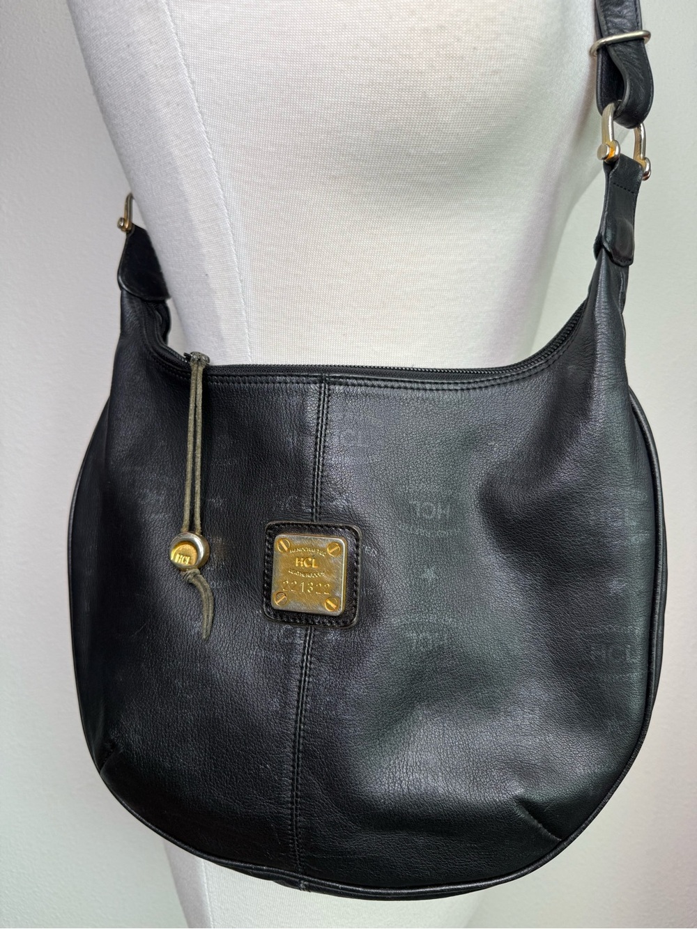 Vtg HCL PurseHandcrafted Leathergoods black leather shoulder bag Germany